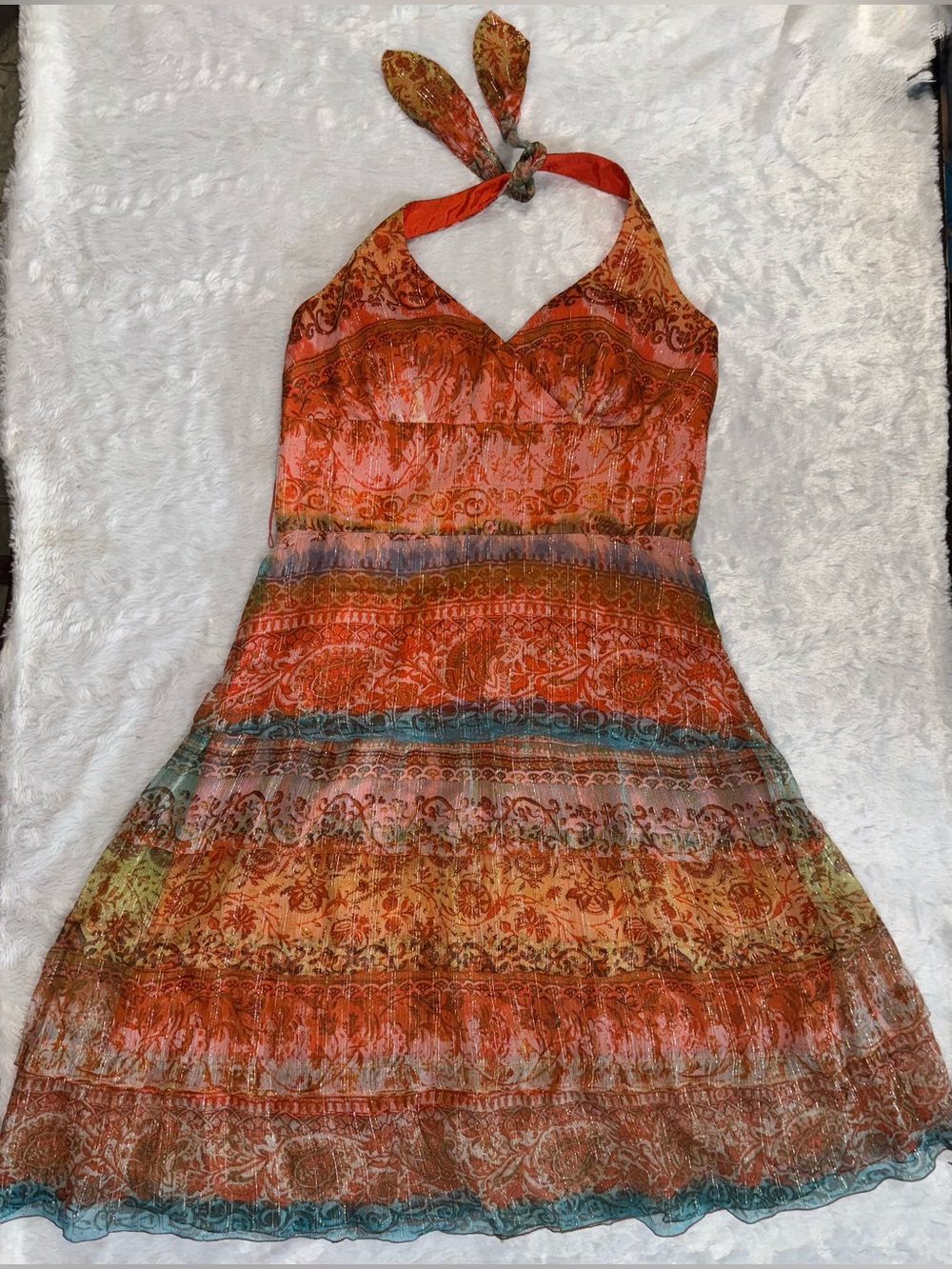 Muse Orange Silk Blend Multi-Print Halter Midi Dress